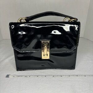 Olivia Miller Patent Black Top Handle Bag With Gold Hardware. Classic‎ And Chic.
